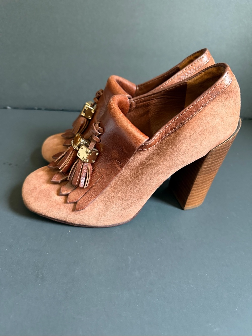 Tory Burch Suede and Leather Tassel Block Heel Loafers in Cognac - Picture 1 of 6